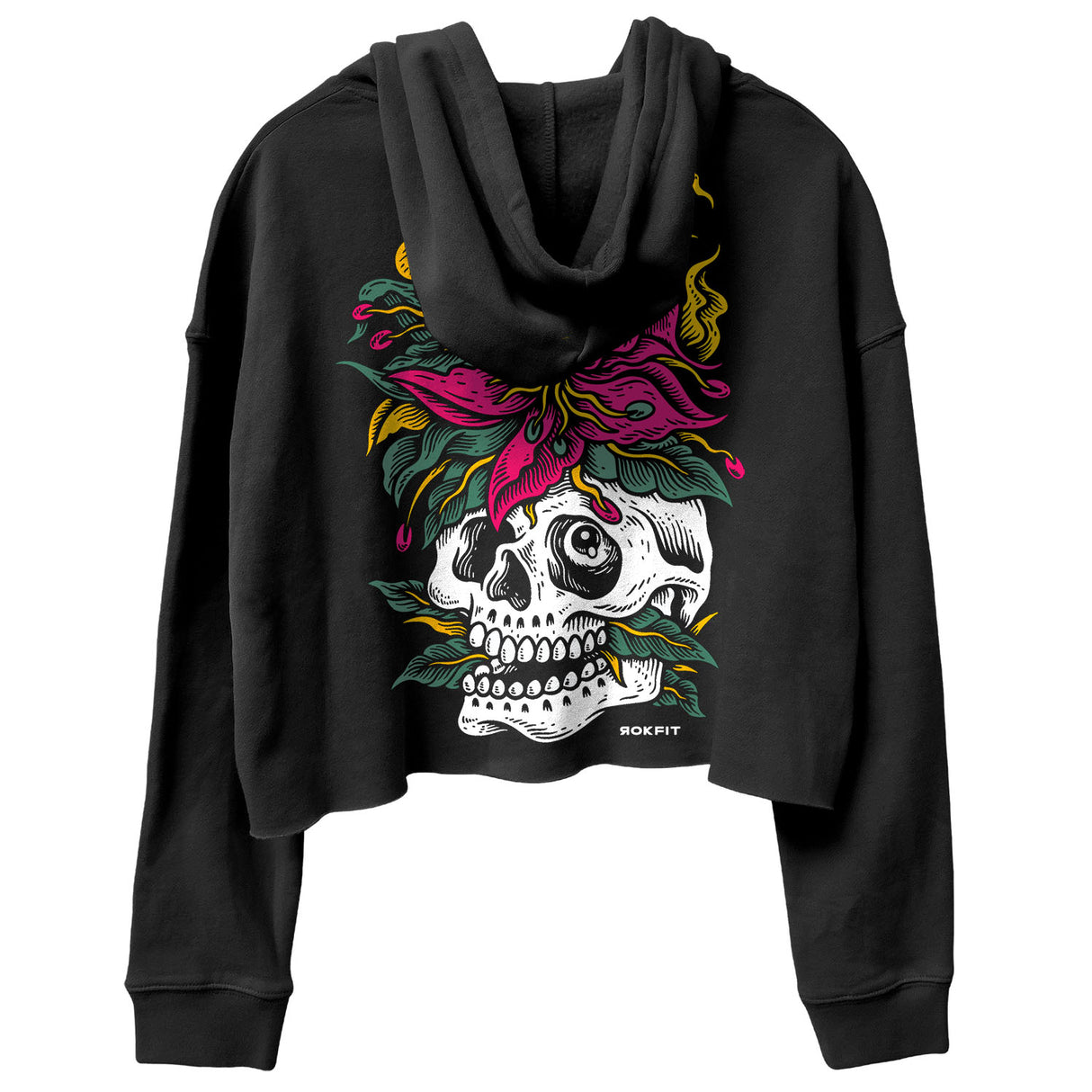 Back view of women's black crop hoody with 'Eternal Bloom' graphic
