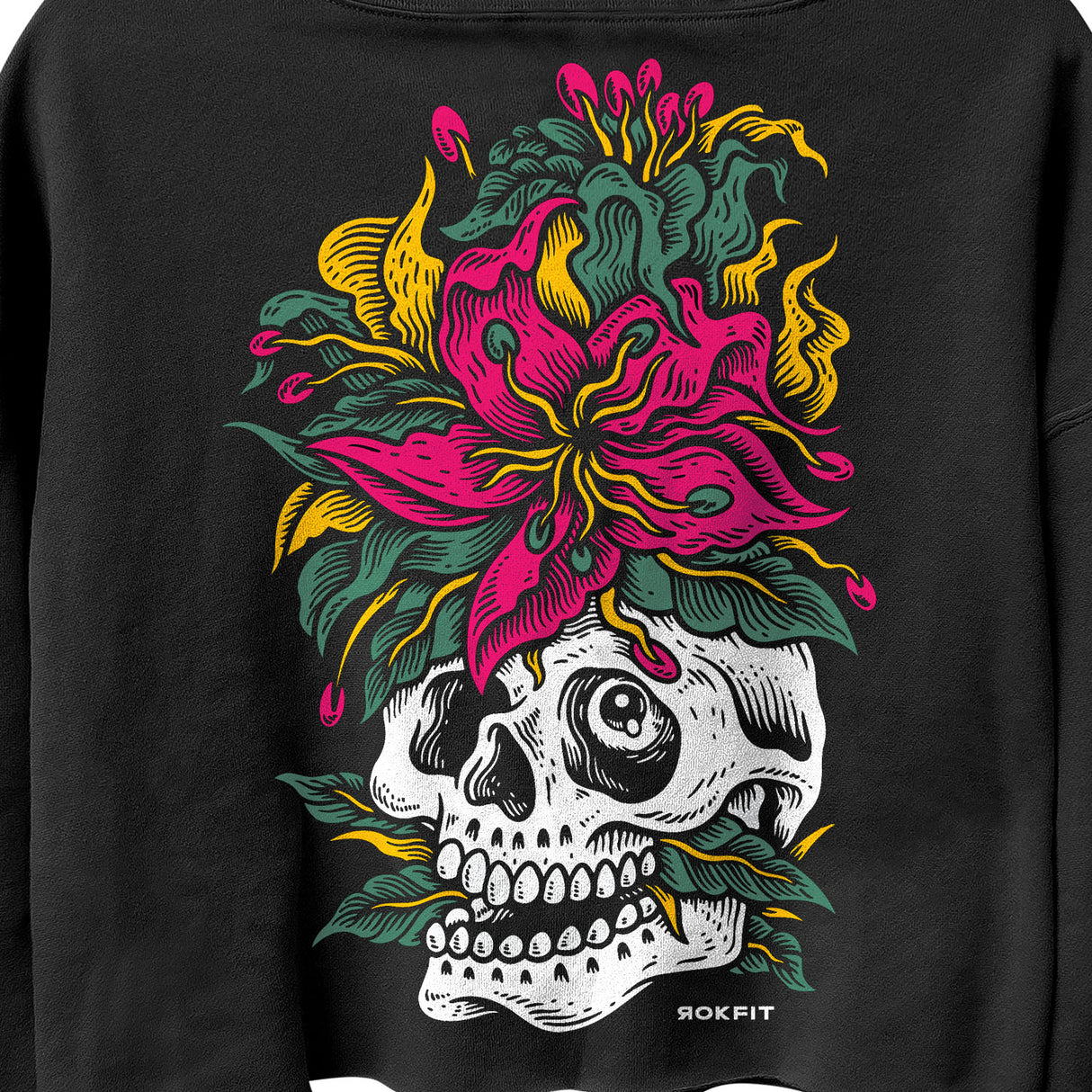 Close up back view of women's black crop hoody with 'Eternal Bloom' graphic
