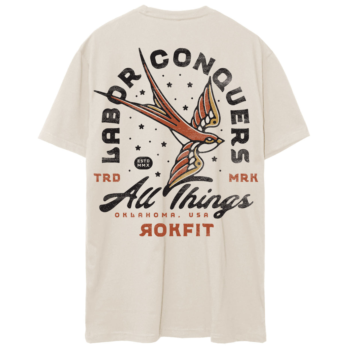 Back view of unisex heather sand Active Tee with 'Labor Conquers All Things' graphic